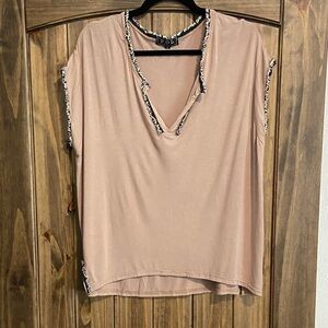 POL Tan Blouse with Patterned Trim